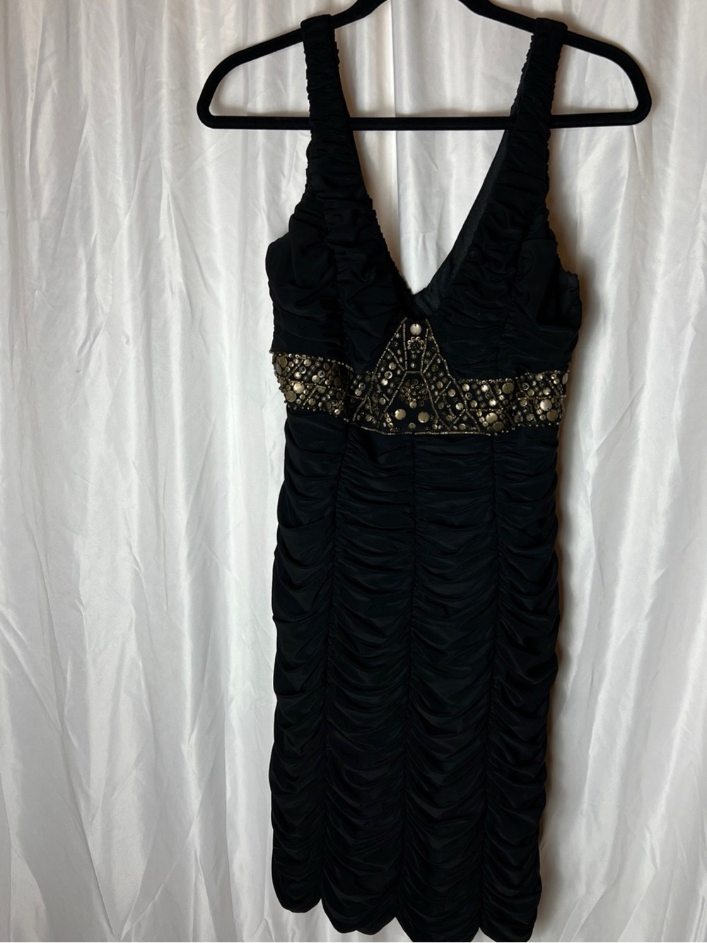 Sue Wong Black Ruched Evening Dress with Beaded Waist